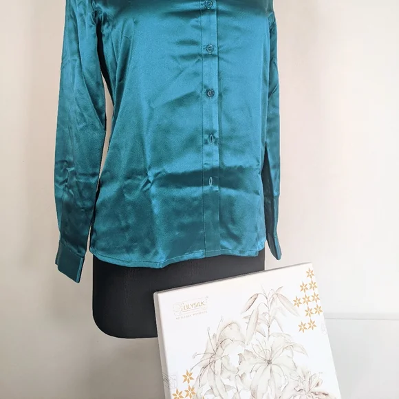 LilySilk teal silk blouse buttondown XS NIB - Picture 5 of 9
